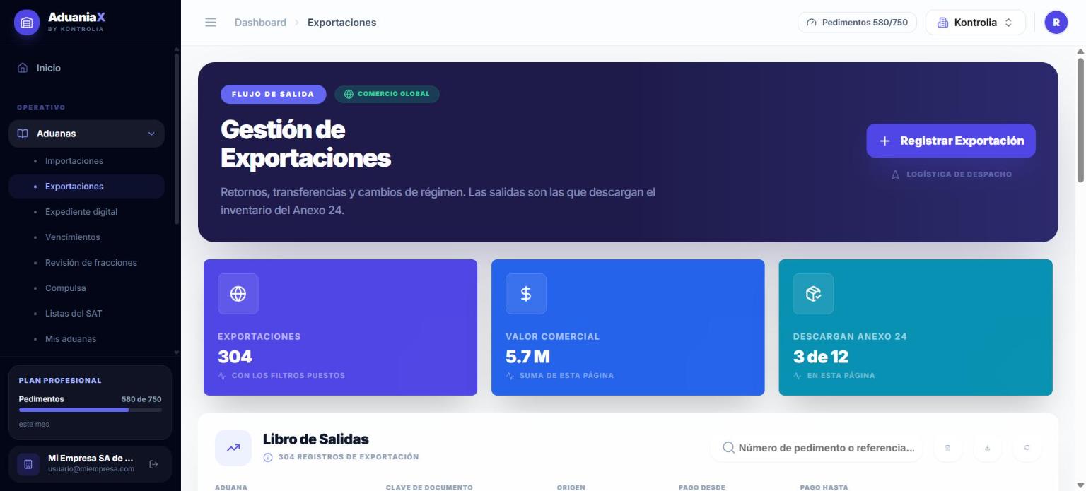 Pantalla de exportaciones